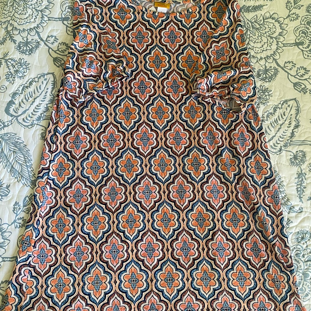 Ruby Rd. Geometric Long Sleeve Dress - Orange and Blue